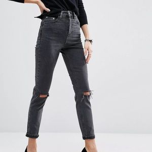 ASOS Farleigh High Waste Slim Mom Jeans Washed Black With Busted Knees